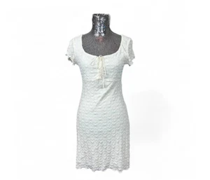 Y2K Coquette Ivory Knit Mini Babydoll Dress Medium Lettuce Hem Soft Girl Party - Picture 1 of 8