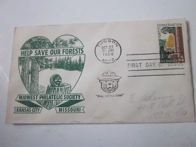 US FDC 1958 FOREST CONSERVATION 1122 MIDWEST PHILATELIC SOCIETY KC. MO. CACHET - Image 1 of 3