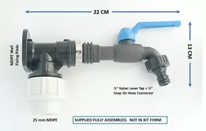 MDPE Compression Wall Plate Elbow (25mm) with 1/2" Nylon Lever Tap & Snap On - Picture 1 of 2