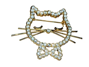 Cat Face Kitty Rhinestone Gold Tone Feline Pin Brooch - Picture 1 of 10