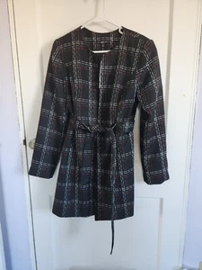 NWT R&K belted Jacket Black, White, Red Plaid Striped, Hook Closure Sz 16 - Picture 1 of 9