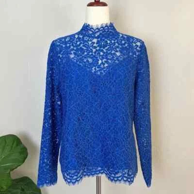 Blusa Top J.CREW Para Mujer Talla 6 Azul Regal Encaje Festoneado Manga Larga Cuello Simulado Foto 1 de 4