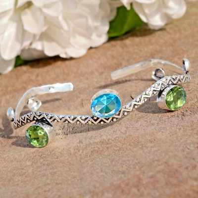 Faceted Peridot & Blue Topaz Gemstone 925 Sterling Silver Cuff Bangle For Him - Image 1 of 4