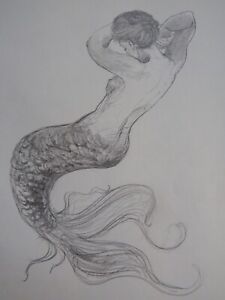 Original pencil drawing of a female semi-nude mermaid fish mythical nymph