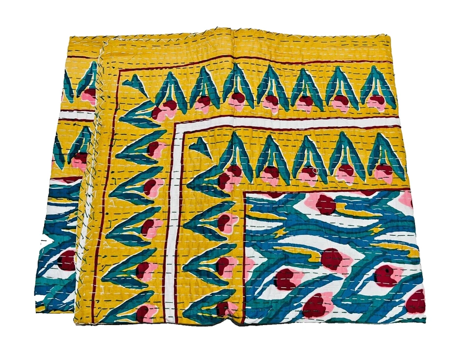 Colcha Kantha de algodón hecha a mano india con estampado de bloques manta Foto 1 de 1