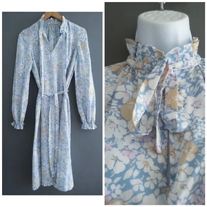 Vintage 70s Light Blue Floral Midi Tea Pussy Cat Bow Dress 8 10 S Arts & Crafts - Picture 1 of 7