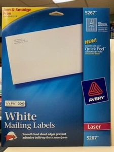Avery 5267 White Mailing Labels 2000 Labels_80 Labels/Sheet_For Laser - Picture 1 of 2