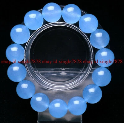 Huge 14mm Natural Blue Aquamarine Round Gemstone Beads Bracelet 7.5" AAA+ - Image 1 of 4