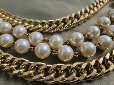 WEDDING NECKLACE Belt Faux Pearls Gold tone chain 35 Inch Vintage Accessory - Image 1 of 4