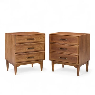 Ramseur Mid Century Walnut 3-Drawer Nightstands - Pair - Image 1 of 4