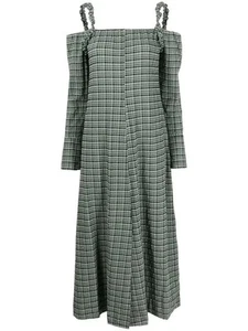 NEU Ganni Maxikleid Seersucker Karo Schulterfrei Langarm Größe XS 36 - Bild 1 von 9