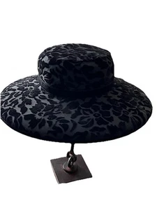 Vintage Wide Brim Kokin New York Wool Black Velvet Embossed Hat - Picture 1 of 6
