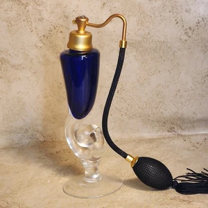 Botella de perfume de vidrio corona dorada atomizador tocador azul cobalto de colección - 8,5" - Imagen 1 de 4
