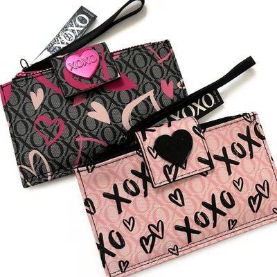 XOXO 2 Piezas Muñequera Billetera Estuche para Tarjetas Paquete Rosa y Negro - Corazones y Logo Estampado Foto 1 de 4