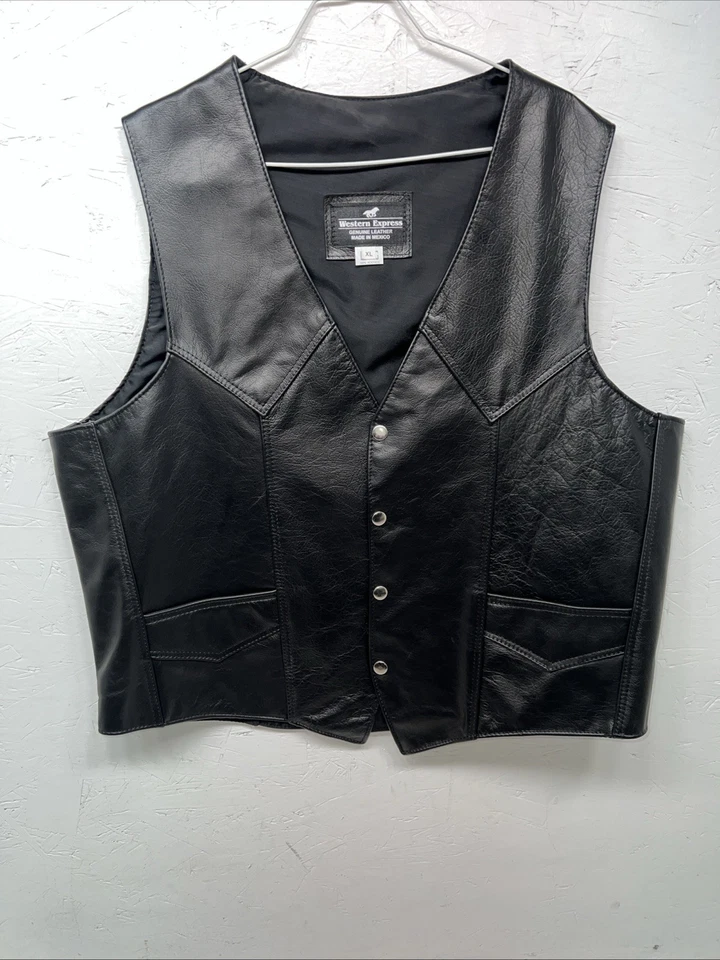 Nuevo chaleco de motociclista Western Express de cuero negro para hombre XL Q-603 Foto 1 de 4