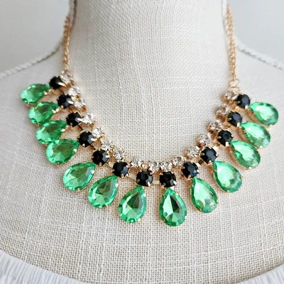 Gold Tone Statement Necklace w/ Green Teardrop Crystals & Black Stones - Image 1 of 4