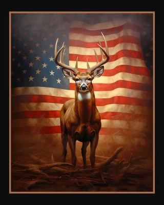 STANDING PROUD Fabric Quilt Panel 36" x45", Deer, Buck, Hunting, USA Flag - Image 1 of 2