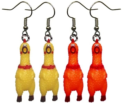 4pc Squawking Rubber Chicken Earrings- Chick Novelty Gag Joke Halloween Jewelry - Image 1 of 4
