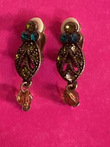 Vintage Dangly Earrings with Beads and Blue and Yellow Rhinestones - Picture 1 of 6
