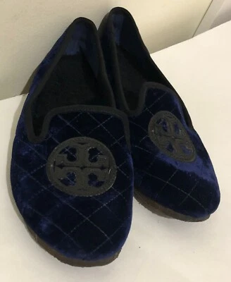 Zapatilla Billy Acolchada Tory Burch Inteligente Terciopelo Cuero Plana Talla 9M en Azul Marino/Negro Foto 1 de 4