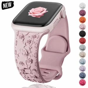 Engraved Floral Silicone Band for Apple Watch Ultra 2 10 9 8 7 6 5 4 SE 49-40mm - Picture 1 of 29