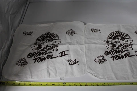 Cleveland Browns Growl Towel II, Lot of 2, vintage NFL Souvenir, 108FM, Coors Cover