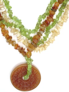 4 STRAND AMBER PERIDOT PEARL NUGGET w CARNELIAN PENDANT STERLING CLASP NECKLACE - Picture 1 of 6