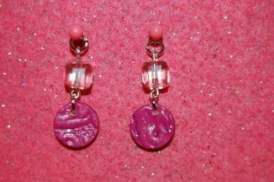 Pink Embossed Genuine Leather Dot Earrings-Crystal Bead-925 Sterling Hooks - Изображение 1 из 4