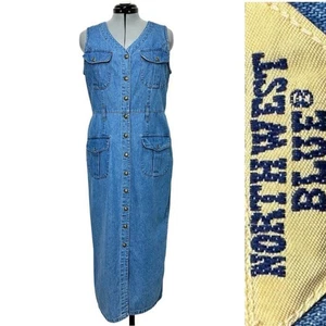 Vintage Northwest Blue Denim Midi Dress Cotton V-Neck Button Up Western Sz: XL - Picture 1 of 7