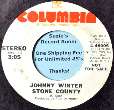 Johnny Winter Stone County DJ Promo Classic Rock VG+ 45 7" Vinyl -Coupons! Foto 1 de 3