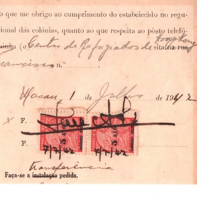 Documento de ingresos de MACAO 5a par de teléfono de franqueo 1942 China/Portugal Ka216 Foto 1 de 4