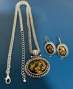 Worthington Set Of Necklace & Earrings Abalone Shell Silver Tone Original Box - Picture 1 of 15