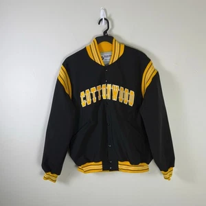 VINTAGE Bomber Varsity Jacket De Long 90s Satin black/yellow cottonwood Sz L - Picture 1 of 6