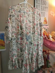 Easel Women M Polyester Sheer Floral Top Jacket Wrap~Coral~Green ~Feminine~EXC!! - Picture 1 of 9