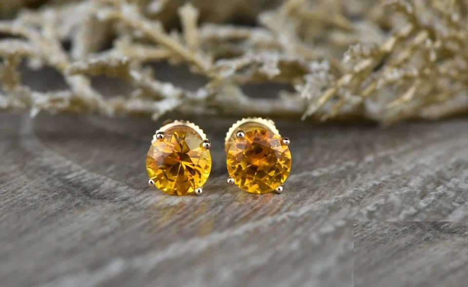 2ct Natural Round Yellow Citrine Screw Back Stud Earrings 14k Solid Rose Gold - Image 1 of 4