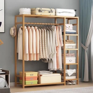 6 Tier Bamboo Garment Rack Storage Shelves Clothes Hanging Wardrobe Closet Stand - Picture 1 of 12
