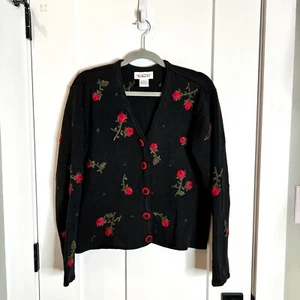 Vtg Talbots Red Rose Embroidered Button Front Chunky Cardigan Sweater Size XL - Picture 1 of 5