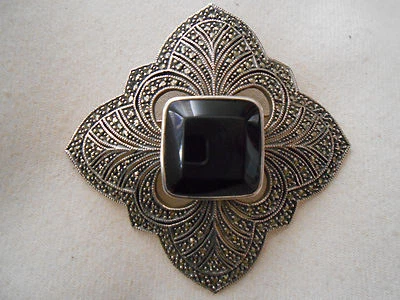 Stunning Judith Jack Sterling Silver Marcasite Beveled Black Onyx Brooch  626508 - Image 1 of 4