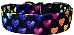 Rainbow Ombré Hearts On Black Valentines Day Handmade Dog Collar - Picture 1 of 2