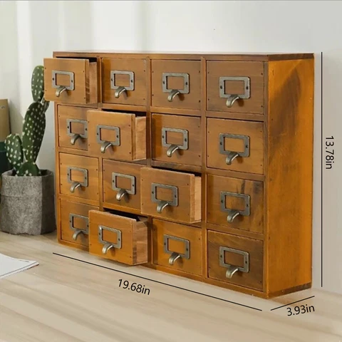 Wood Apothecary Medicine Cabinet 16 Drawers Label Holder Card Catalog Organizer Cover