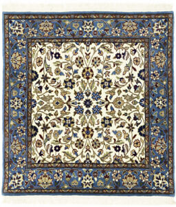 Rare Cream Blue Floral Design 3'2X3'5 Kirman Oriental Square Rug Handmade Carpet