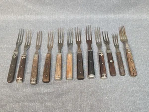 11 Antique flatware 1800’s Civil War era 3 tine forks Lot wooden Metal - Picture 1 of 4