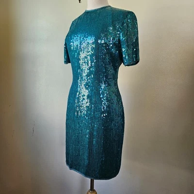 Vintage Scala Italy 80s 90s Blue Turquoise Sequin Silk Cocktail Dress Small S - Image 1 of 4