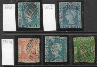 STAMPS-NEW SOUTH WALES. 1851-54 A Selection of 5  Early Stamps. Variable Margins - Image 1 of 2