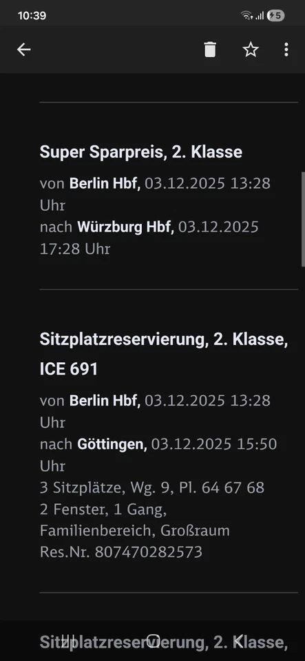 BAHNTICKETS Berlin - Würzburg Am 3.12.2025 Für 2 Erwachsene und 1 Kind - Bild 1 von 1