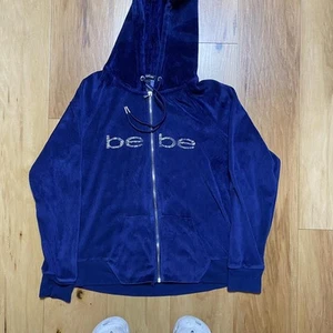 Bebe Women’S Navy Blue Velour Zip Up Rhinestone Hoodie Sweatshirt Size Large - Picture 1 of 3