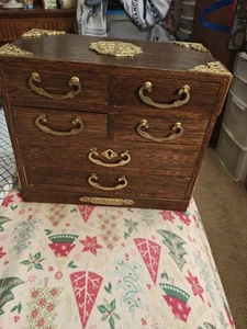 Vtg Japanese Tansu Wood And Brass Jewelry Box With Lovely Brass Designs Preowned - Picture 1 of 14