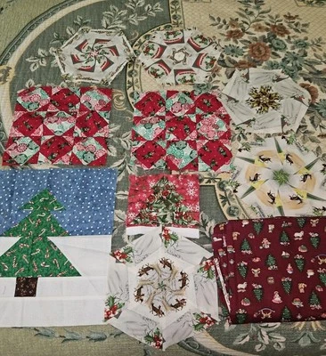 9 Unfinished Christmas Patchwork Blocks & 3 Yards Cranston Fabric  - Image 1 of 4