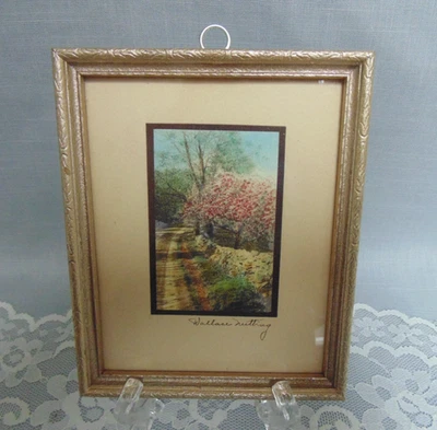 Wallace Nutting Signed Print Road Beside Stone Wall Hand Tinted 5.5" x4.5" - Image 1 of 4