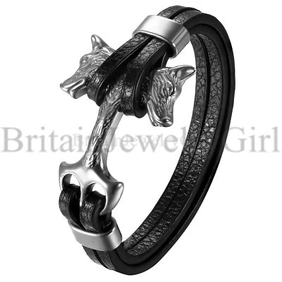 Pulseira de couro 8,26" camada dupla surfista com cabeça de lobo de aço inoxidável motociclista - Imagem 1 de 4